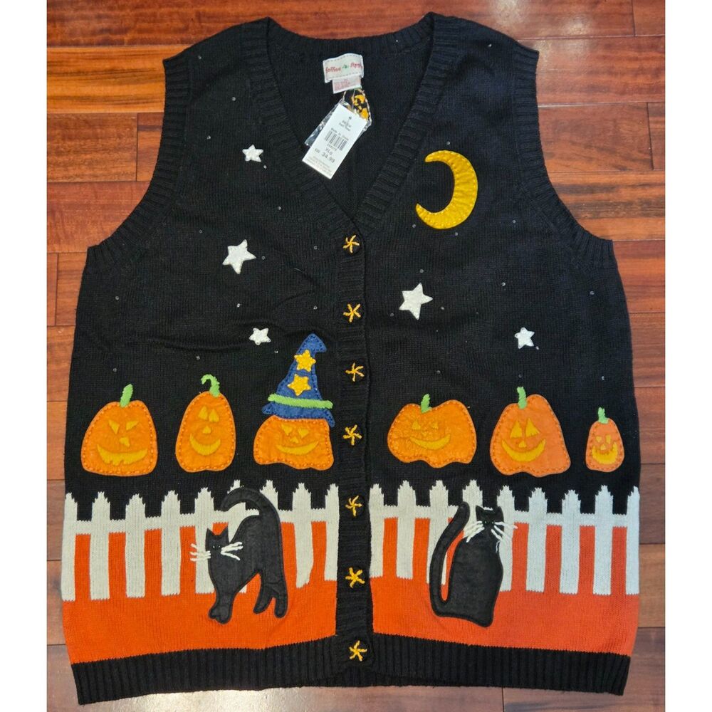 Vintage 90s Halloween Knit Sweater XL Vest Black Cat Pumpkin Patch